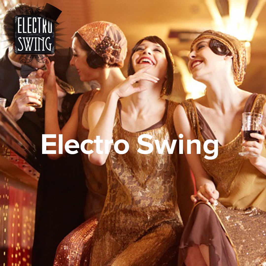 Electro Swing Spotify playlist cover featuring 1920s flapper party scene with dancers in vintage dresses and Art Deco styling.