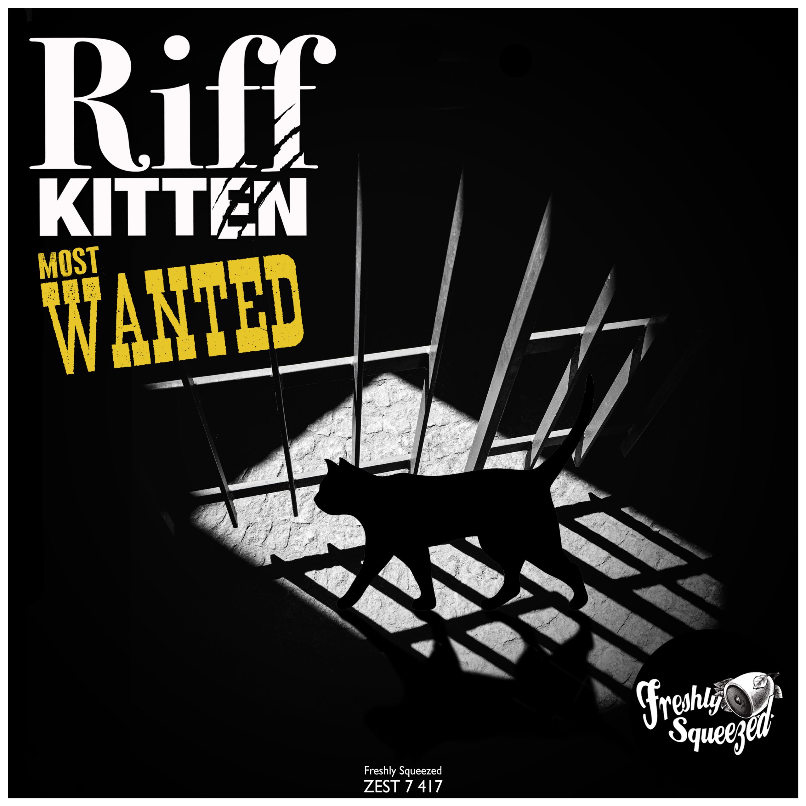 Riff Kitten Most Wanted single cover featuring a silhouetted cat walking through prison bars spotlight – electro swing instrumental on Freshly Squeezed