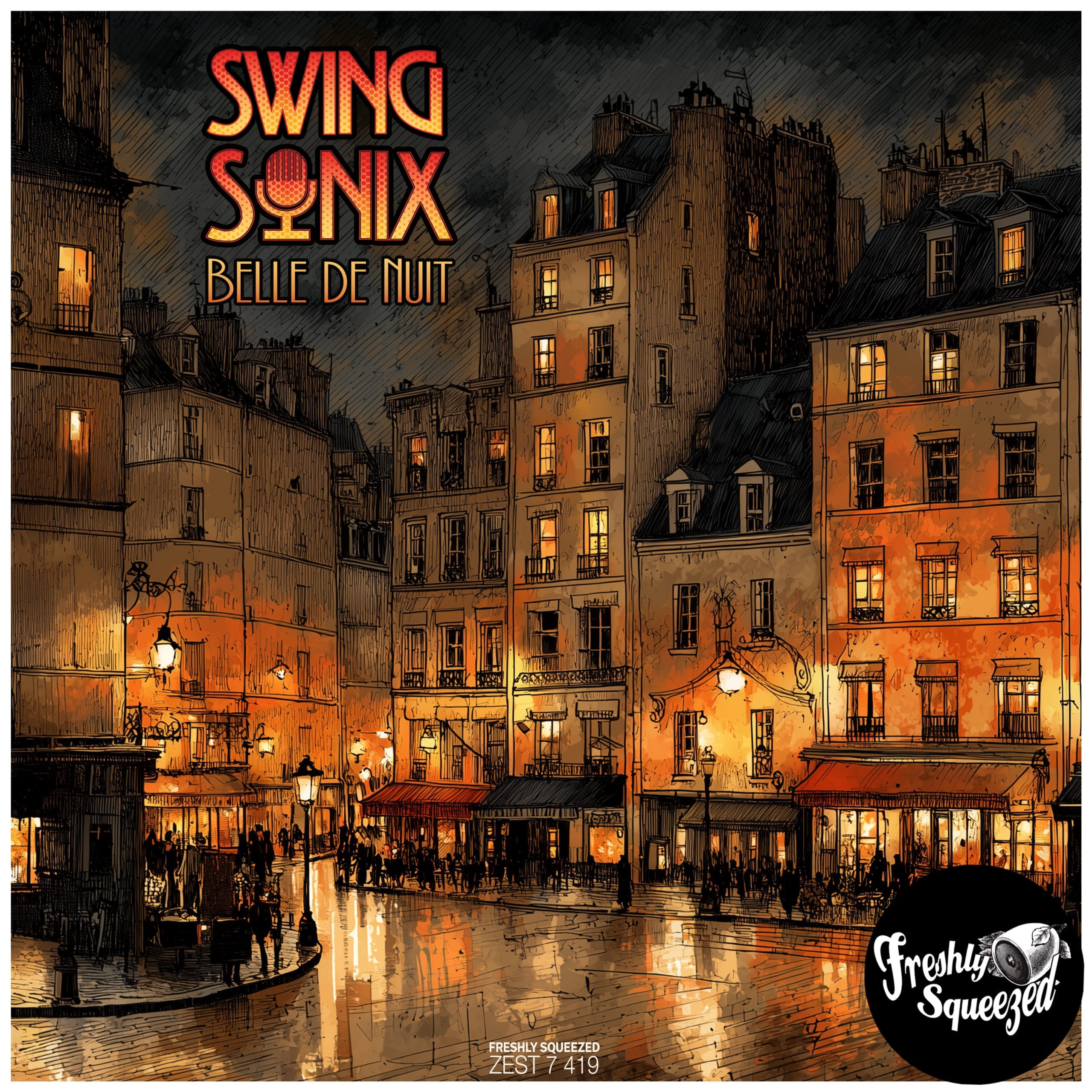 Illustrated night-time Paris street scene for Swing Sonix electro swing single Belle de Nuit released on Freshly Squeezed Music