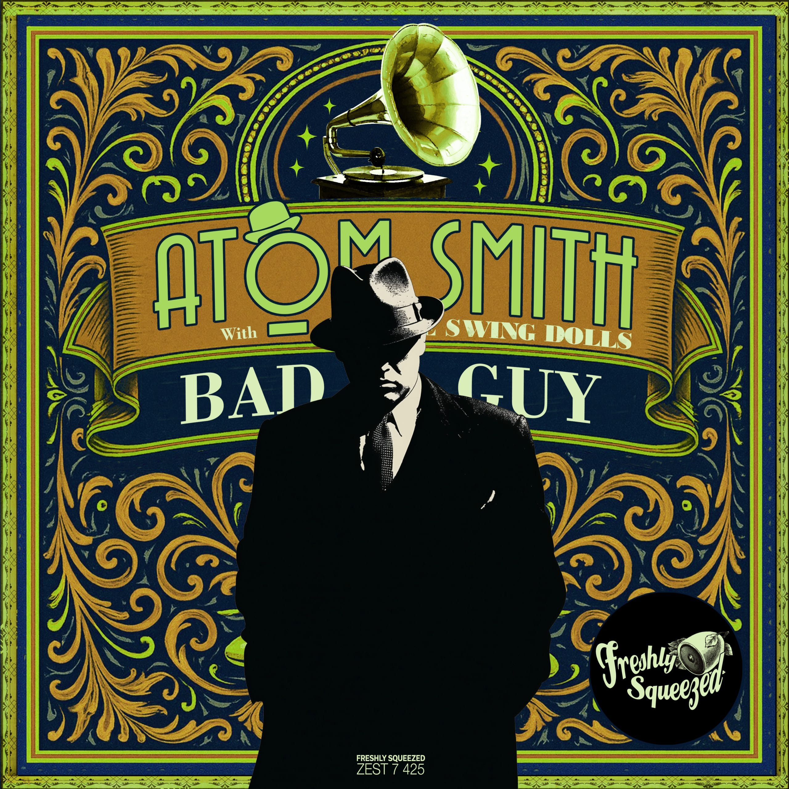 Vintage-inspired cover art for Atom Smith and The Swing Dolls' electro swing version of Bad Guy featuring a silhouetted figure, gramophone and ornate Art Deco design
