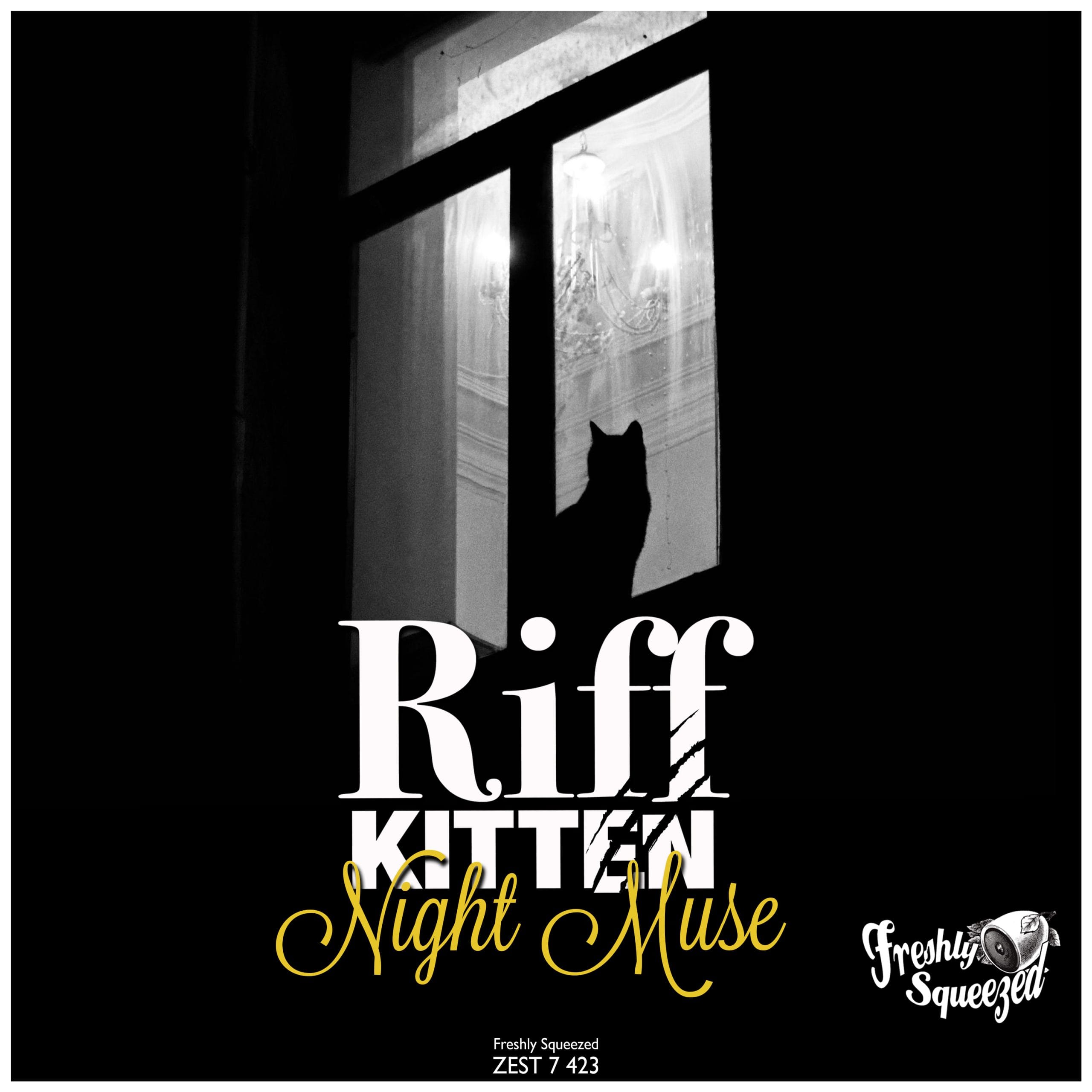Official cover art for Riff Kitten's single Night Muse, featuring a black cat silhouette in a lit window with a dark, noir-inspired electro swing aesthetic.