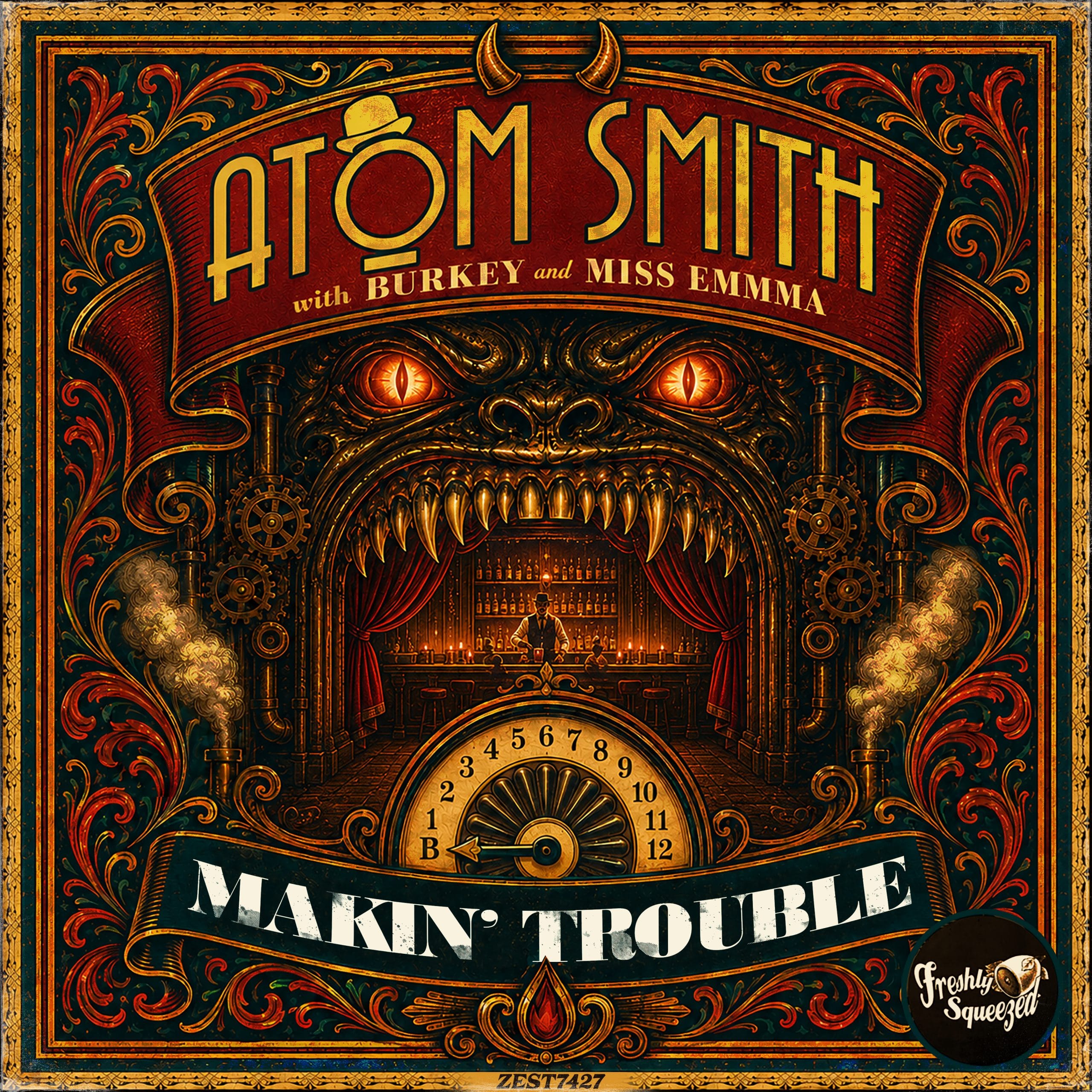 Cover art for Makin' Trouble by Atom Smith featuring Burkey and Miss Emmma, an electro swing single released on Freshly Squeezed Music.