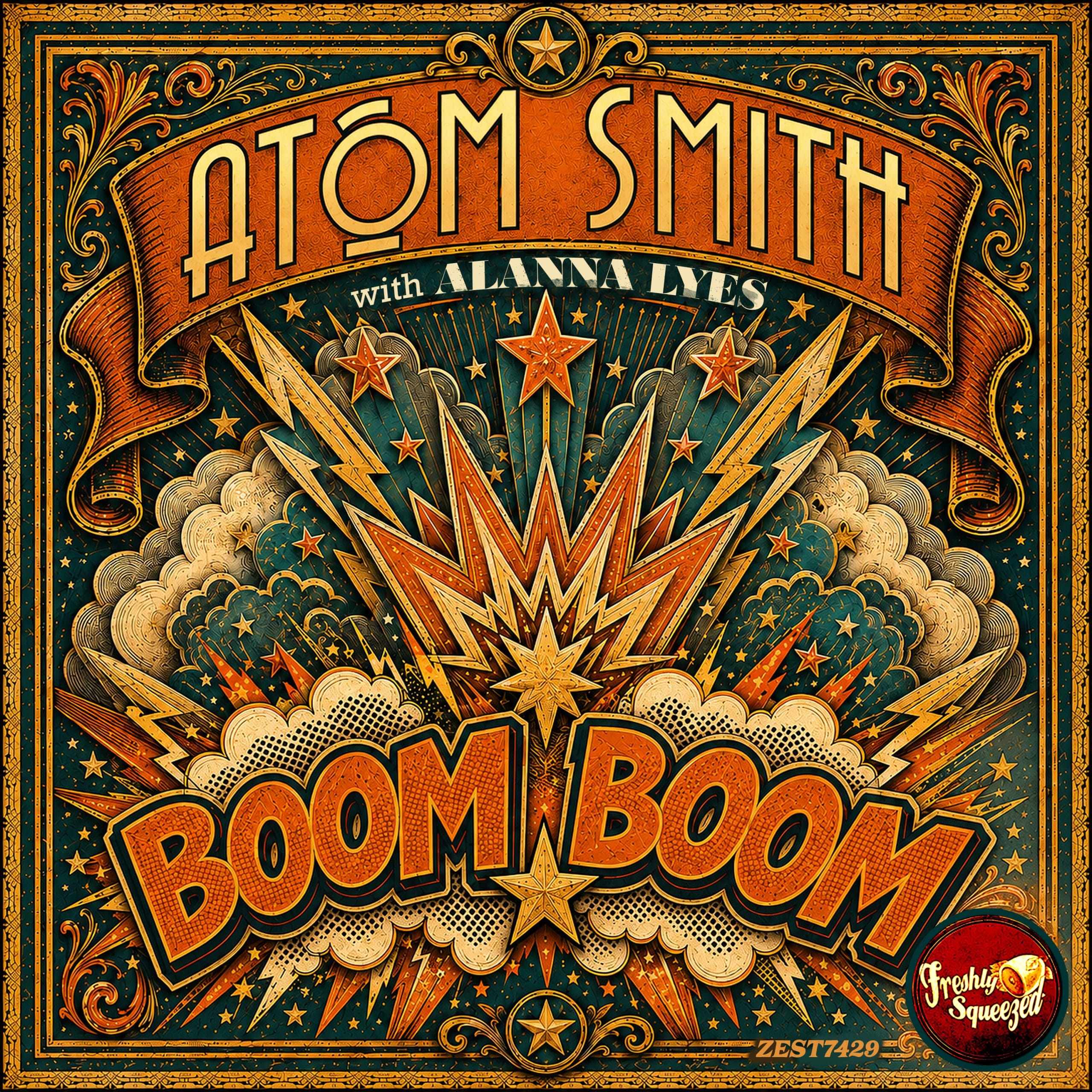 Atom Smith and Alanna Lyes – “Boom Boom” single cover artwork featuring bold retro typography, stars and explosive lightning graphics.
