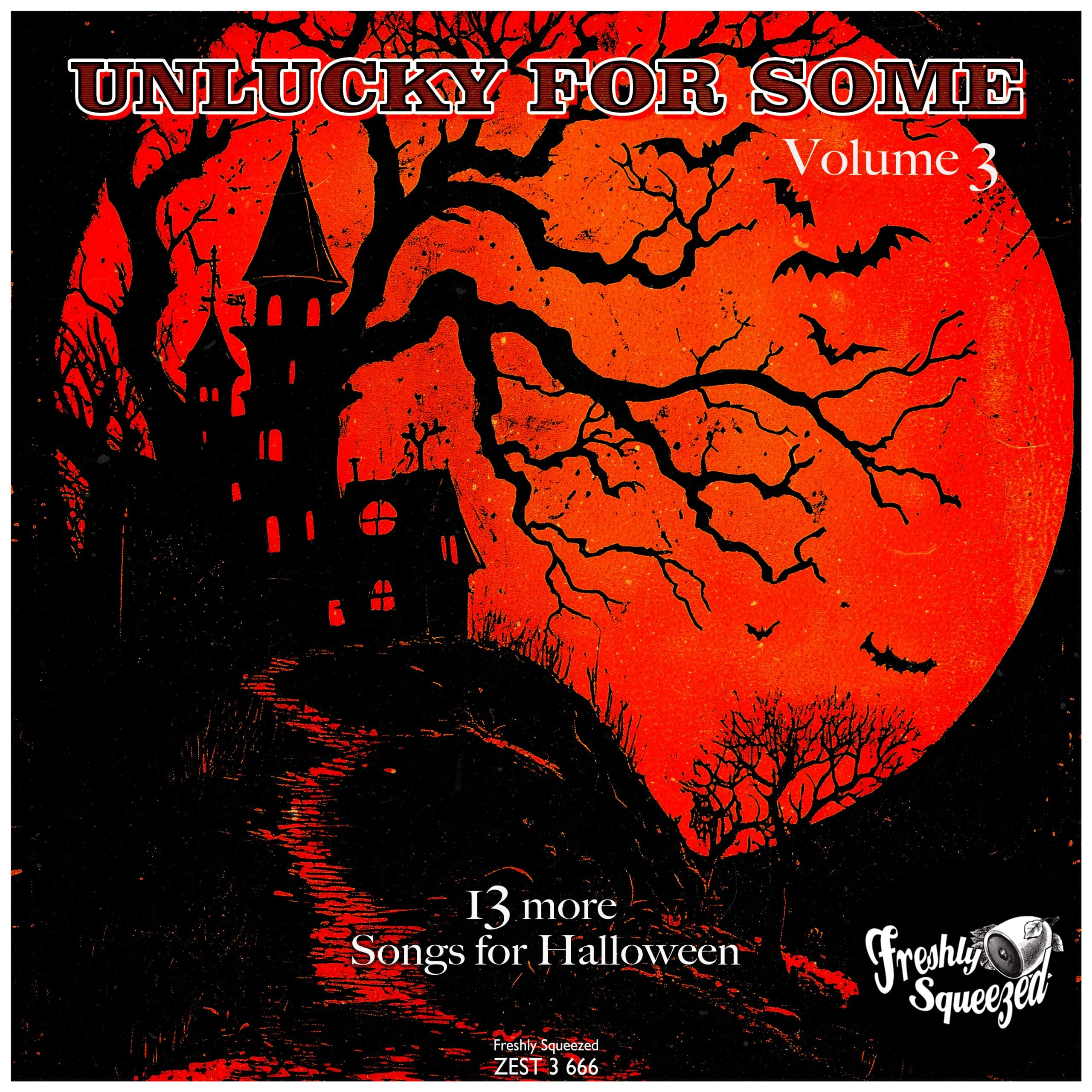 Unlucky for Some Volume 3 Halloween electro swing compilation cover featuring a haunted castle, bats and a red moon