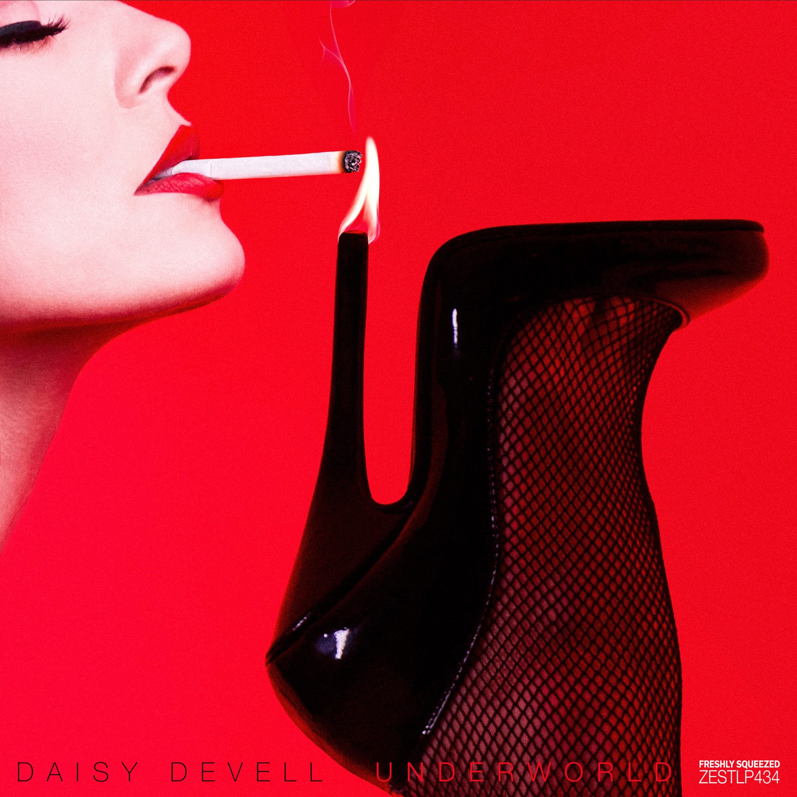 Daisy DeVell – UNDERWORLD debut album cover, featuring a red background, black high heel and a woman smoking a cigarette.
